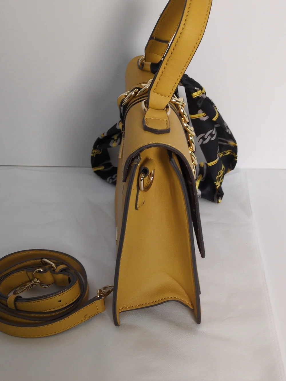 ALDO Mustard Yellow Top Handle Satchel Crossbody Bag with Chain Scarf Detail